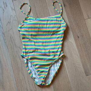 Vintage Surfside 80s 90s One Piece Swimsuit Neon Color Stripes High Cut Leg